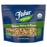 Fisher Chef's Naturals organic walnuts bag front view for baking and snacking.