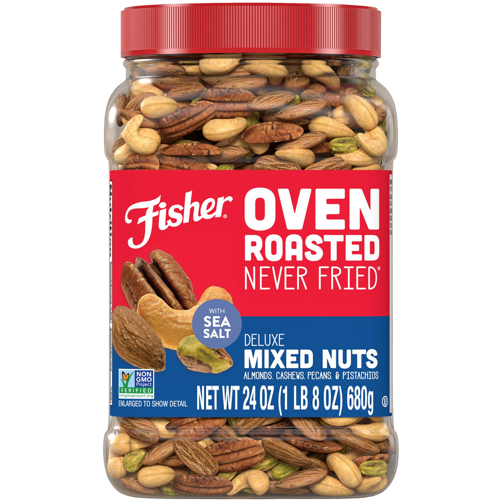 Fisher Chef's Naturals oven roasted never fried deluxe mixed nuts canister ready for on-the-go snacking.