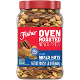 Fisher Chef's Naturals oven roasted never fried deluxe mixed nuts canister ready for on-the-go snacking.