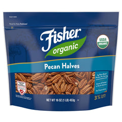 Fisher Chef's Naturals pecans halves closeup—rich, buttery flavor for keto-friendly snacking.