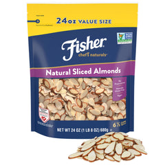 Fisher Chef's Naturals unsalted sliced almonds in resealable bag for easy snacking