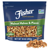 Fisher Chef's Naturals walnut halves and pieces in resealable bag for freshness