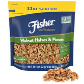 Fisher Chef's Naturals walnut halves and pieces in a resealable bag for baking