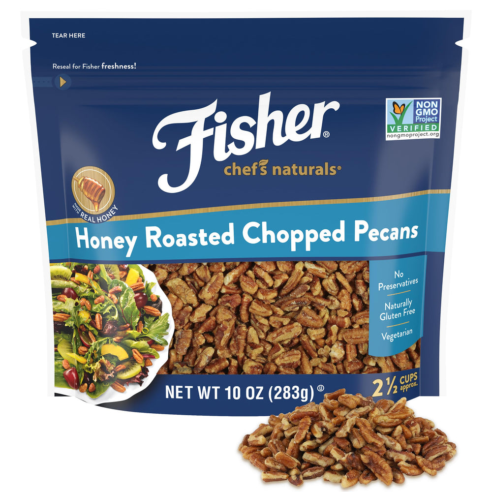 Fisher honey roasted pecans bag showing rich aroma and convenient resealable packaging