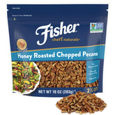 Fisher honey roasted pecans bag showing rich aroma and convenient resealable packaging
