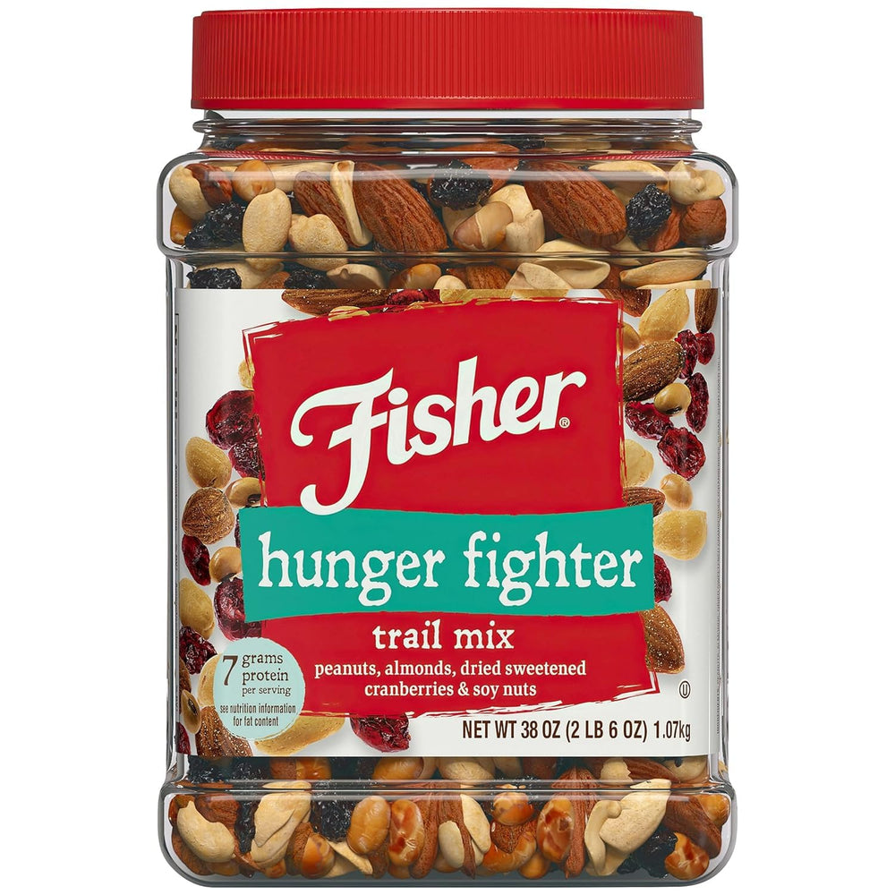 Fisher Hunger Fighter trail mix canister ready for bulk snacking.