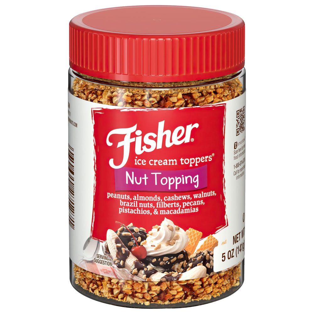 Fisher Ice Cream Topping packaging front, premium nut blend for desserts.