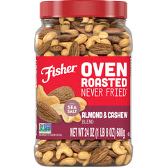 Fisher Oven Roasted Almond & Cashew Blend jar showing simple ingredients and sea salt flavor.