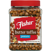 Fisher Snack Butter Toffee Peanuts jar close-up highlighting rich coating and protein-rich snack.