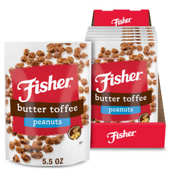 Fisher Snack Butter Toffee Peanuts pack of six resealable pouches for easy snacking