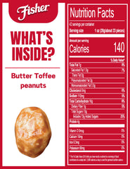 Fisher Snack Butter Toffee Peanuts package shows no artificial colors or flavors.