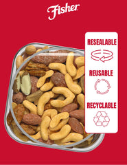 Fisher Snack Deluxe Mixed Nuts no peanuts, great variety for picky palates.