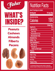 Fisher Snack Honey Roasted Mixed Nuts close-up of the nut blend for crunchy snacking.