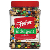 Fisher Snack Indulgent Trail Mix full canister—ideal pantry staple for busy days.