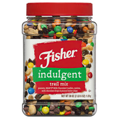 Fisher Snack Indulgent Trail Mix full canister—ideal pantry staple for busy days.