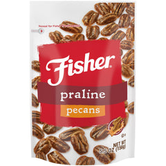 Fisher Snack Praline Pecans in a resealable pouch for fresh snacking.
