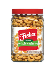 Fisher Snack Premium Whole Cashews in a jar, a protein-rich, convenient snack option.