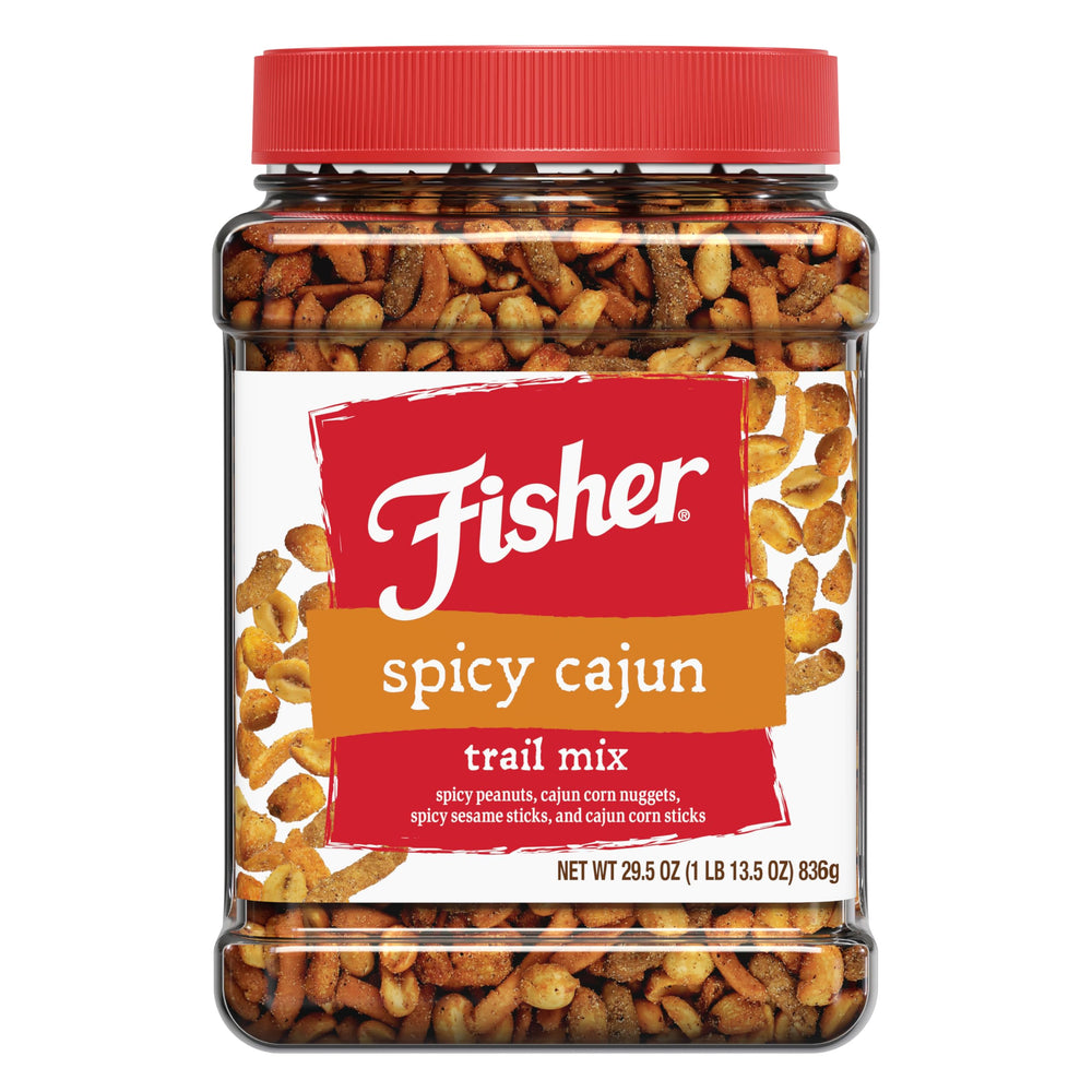 Fisher Snack Spicy Cajun Trail Mix jar front view for bold party snacking