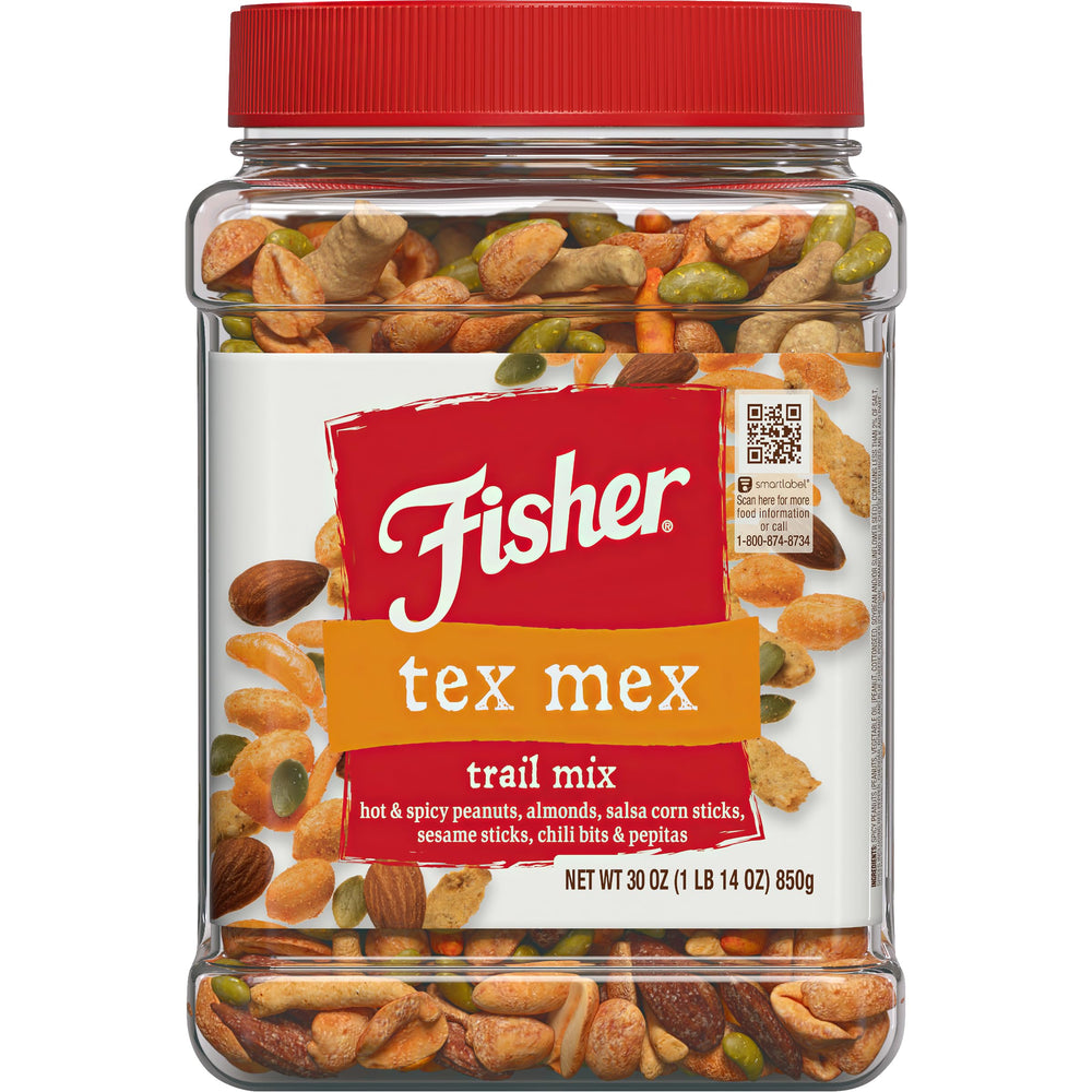 Fisher Snack Tex Mex Trail Mix jar showcases bold flavors for on-the-go snacking