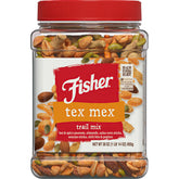 Fisher Snack Tex Mex Trail Mix jar showcases bold flavors for on-the-go snacking