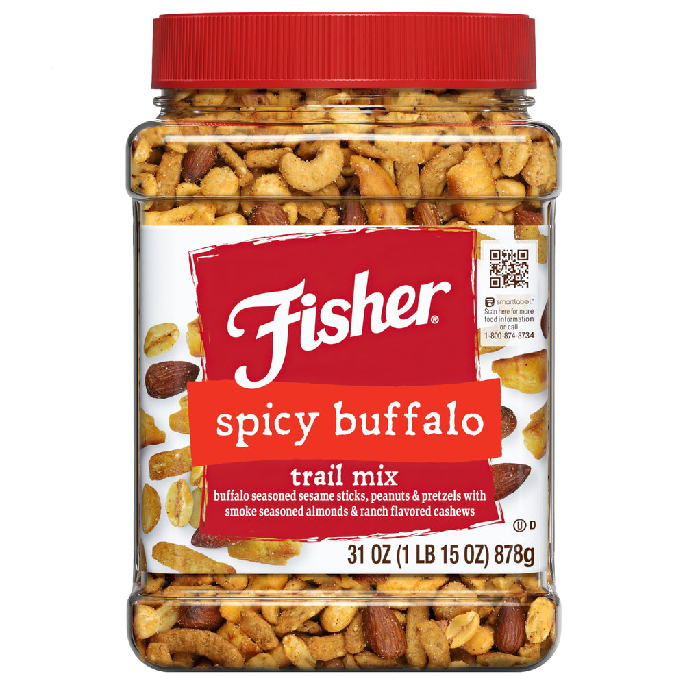 Fisher Spicy Buffalo Trail Mix jar showcases bold sesame sticks for snacking