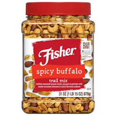 Fisher Spicy Buffalo Trail Mix jar showcases bold sesame sticks for snacking