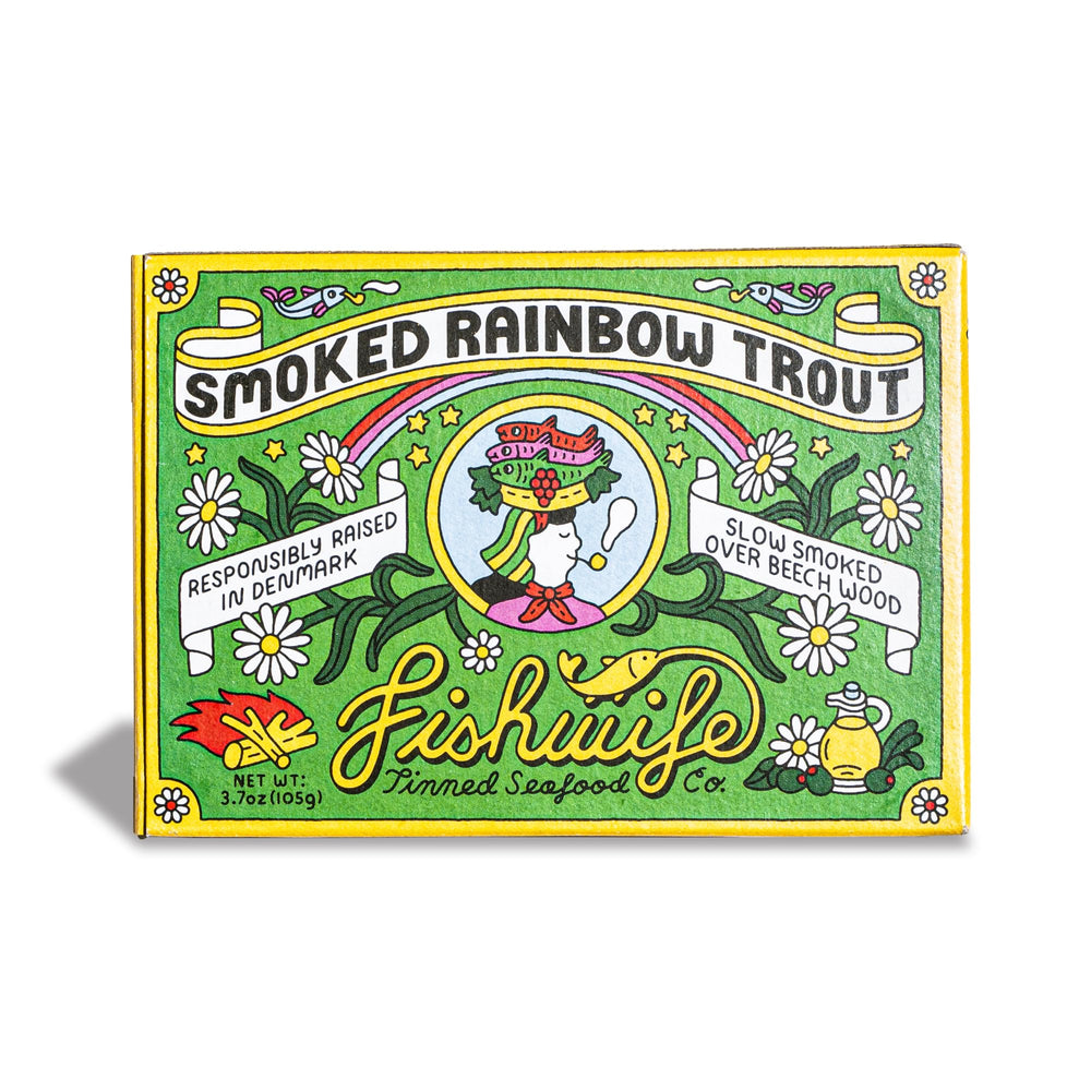 Fishwife smoked rainbow trout tin showing premium ready-to-serve seafood
