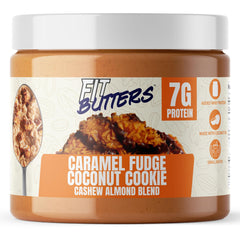 Fit Butters caramel fudge coconut cookie butter jar showcases a protein-packed snack.