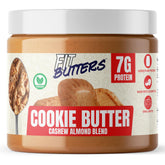 Fit Butters cookie butter jar close-up with creamy texture ideal for quick snacks.