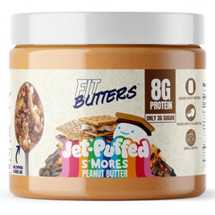 Fit Butters Jet-Puffed S'mores peanut butter jar with marshmallow bits for campfire flavor.