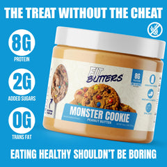 Fit Butters Monster Cookie Spread in a bowl with ingredients and coconut oil.