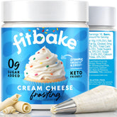 FitBake cream cheese frosting jar front shows keto friendly, zero added sugar.