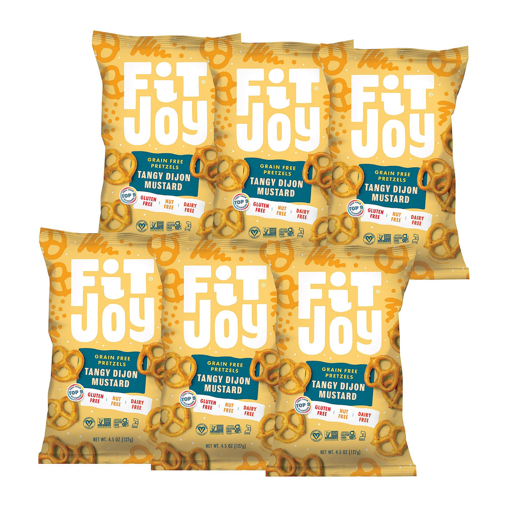 FitJoy Tangy Dijon pretzels close-up, crisp texture and bold flavor for snack time.