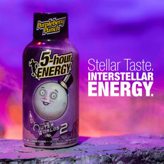 Five-hour Energy Outer Worlds Purpleberry Punch close-up label highlighting branding and ingredients.