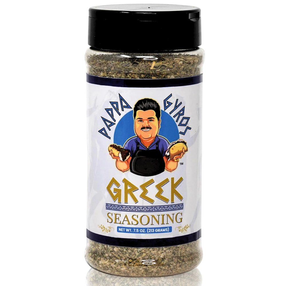 Five Star Seasonings Pappa Gyros bottle closeup, all-natural Greek seasoning ideal for grilled lamb.