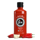 Fix Hot Sauce Sriracha bottle showing vibrant red peppers for bold flavor.