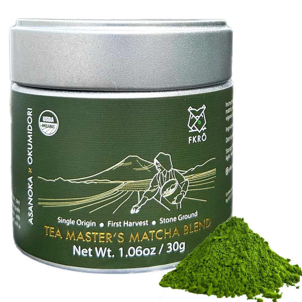 FKRO ceremonial-grade matcha tin front for ritual preparation and fresh taste