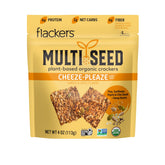 Flackers Cheeze-Pleaze crackers pack on counter showing organic multi-seed texture, ideal for keto snacking.