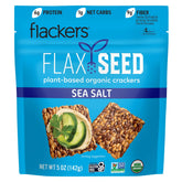 Flackers Organic Sea Salt Crackers pack shows gluten-free, keto-friendly snacking potential.