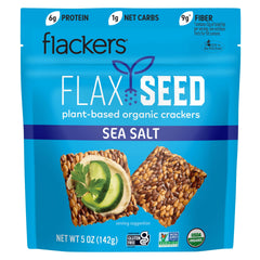 Flackers Organic Sea Salt Crackers pack shows gluten-free, keto-friendly snacking potential.