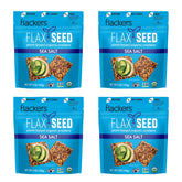 Flackers sea salt crackers pack front, gluten-free keto snack ready for dipping.