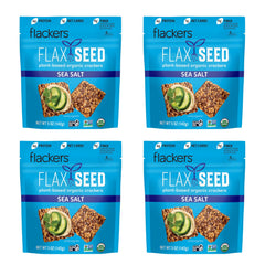 Flackers sea salt crackers pack front, gluten-free keto snack ready for dipping.