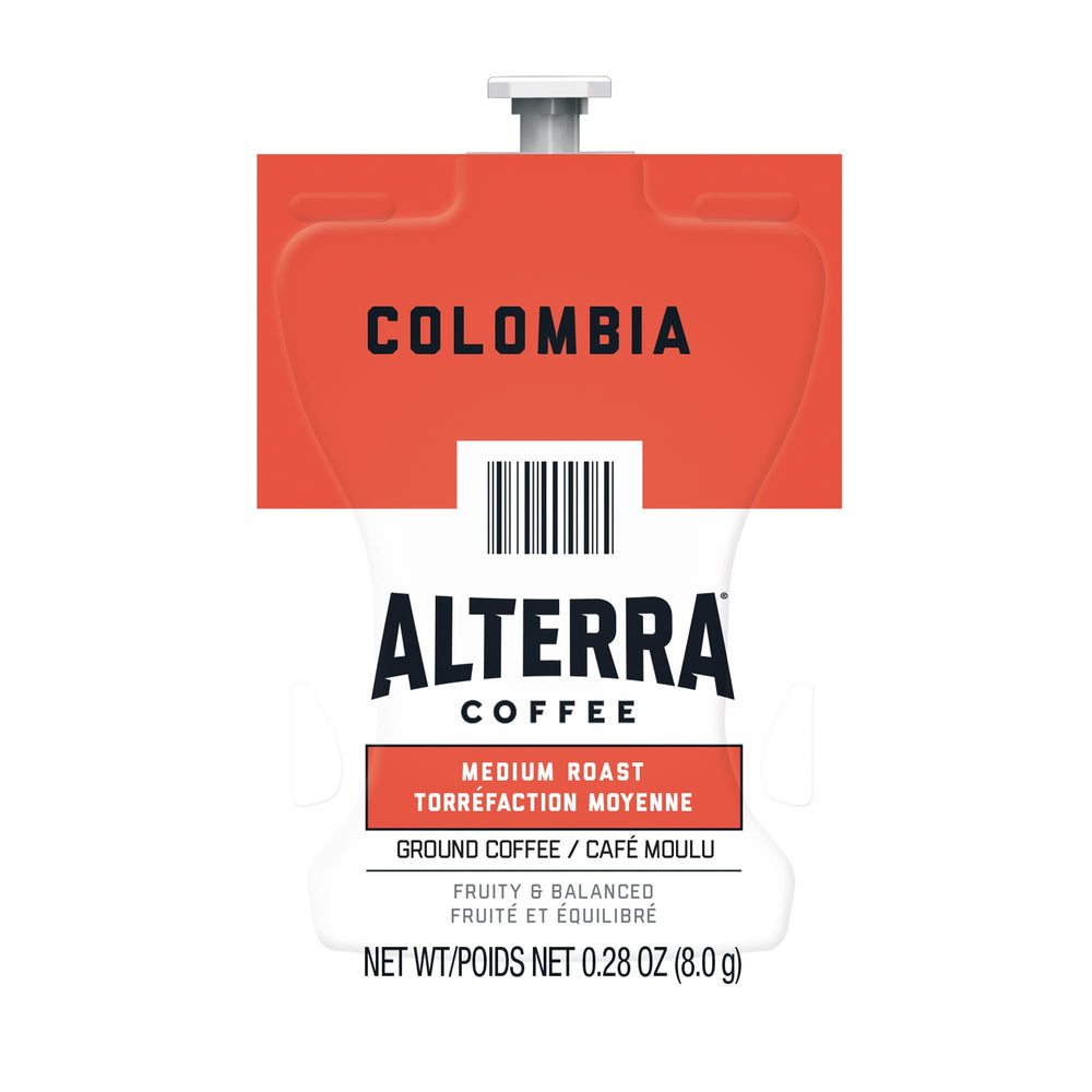 Flavia Alterra Colombia Freshpacks 100 case showing single-serve packaging for drip coffee