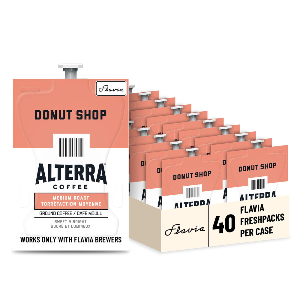 Flavia Alterra Donut Shop Freshpack packaging for fast, mess-free single-serve coffee.