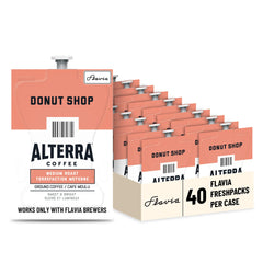 Flavia Alterra Donut Shop Freshpack packaging for fast, mess-free single-serve coffee.
