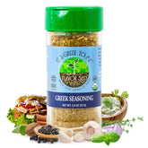Flavor Seed It's Greek To Me spice blend jar close-up highlighting organic ingredients for flavorful meals.