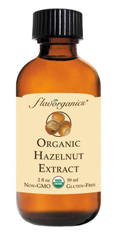 Flavorganics Hazelnut Extract bottle-front highlights a pure organic flavor ideal for baking.
