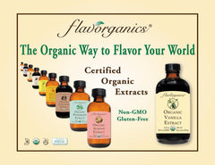 Flavorganics Hazelnut Extract label displays certified organic origins and no artificial additives.