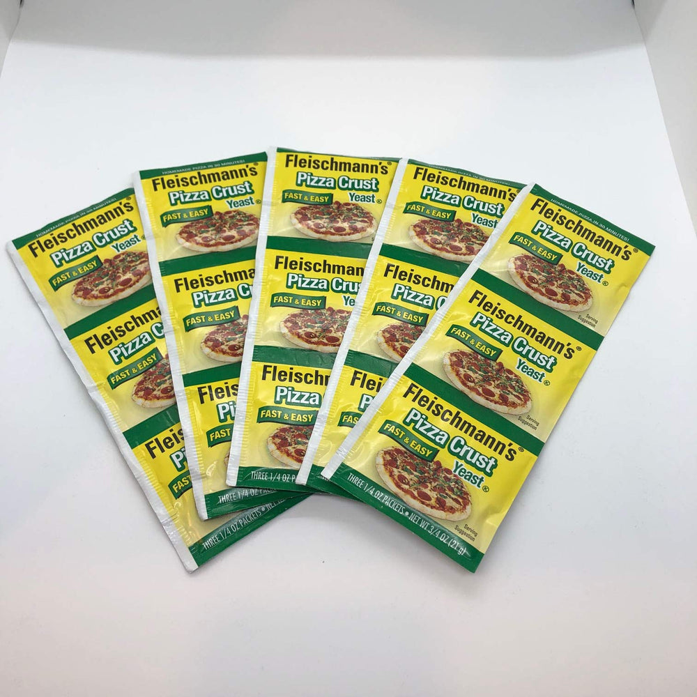 Fleischmann's Yeast Pizza package shows a convenient five-pack for quick crust prep.