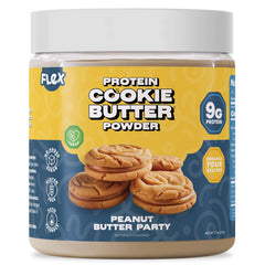 Flex Vegan Protein Cookie Butter Powder jar with scoop, dairy-free spreadable flavor